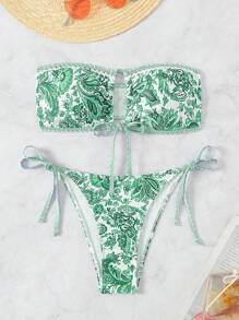 SHEIN Swim Women's Summer Beach Vacation Floral Printed Hollow Out Bandeau Sexy Bikini Set, Random Print