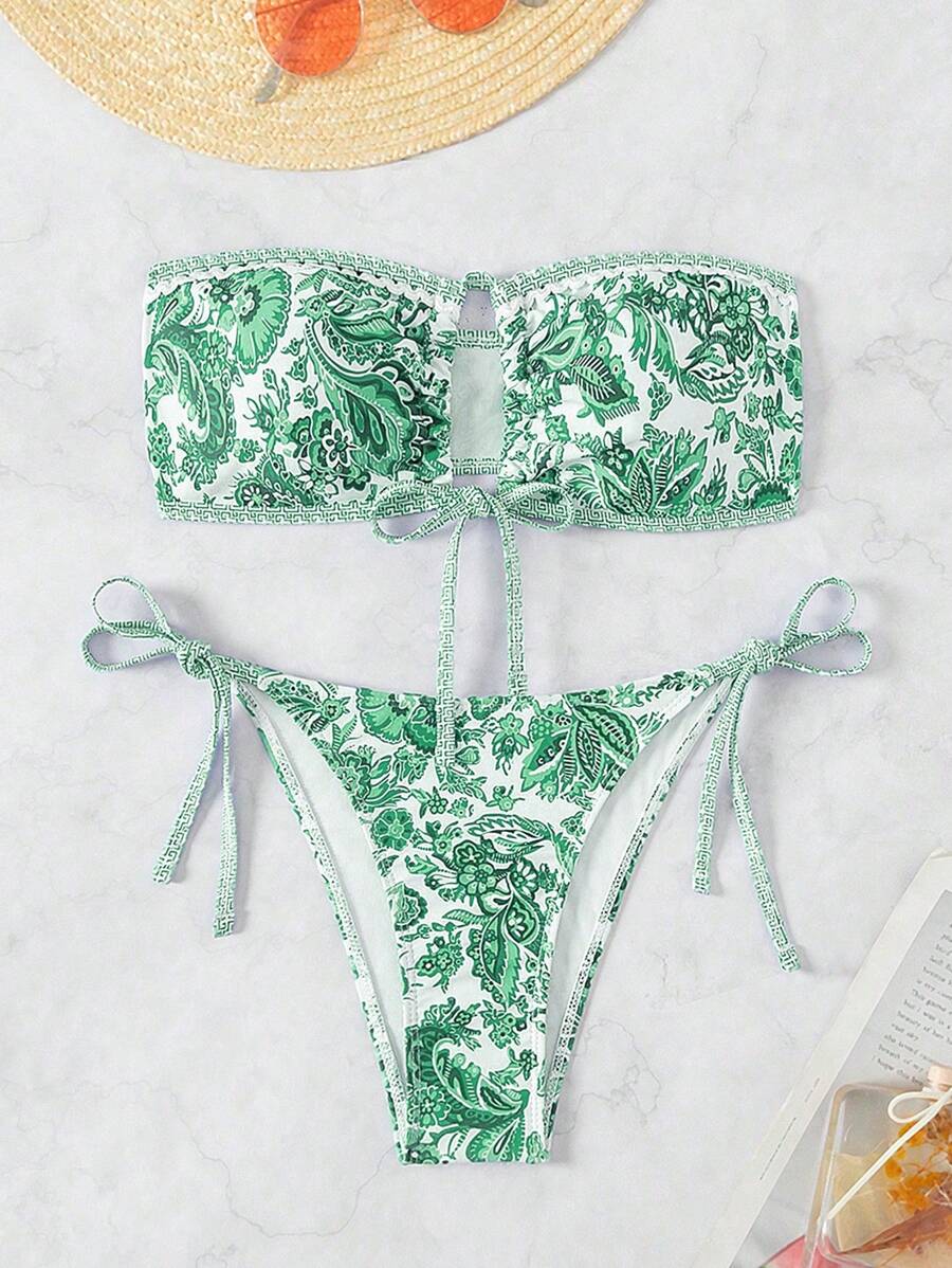 SHEIN Swim Women's Summer Beach Vacation Floral Printed Hollow Out Bandeau Sexy Bikini Set, Random Print