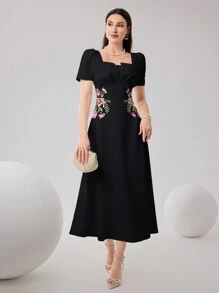 Modelyn Floral Embroidery Puff Sleeve Elegant Long Dress Long Evening Dresses