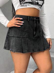 SHEIN ICON Plus Pleated Hem Denim Skirt