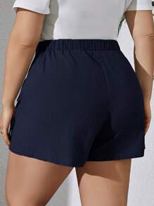 SHEIN Essnce Plus Size Women's Summer New Style Fashion Commuting Casual Elegant Vacation Green Mother Day Asymmetrical Hem Linen Shorts - Navy Blue - View 2