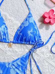 Swim Mod 女士夏季沙灘花卉印花露背領帶雙件式比基尼套裝 - 藍色 - 查看 4