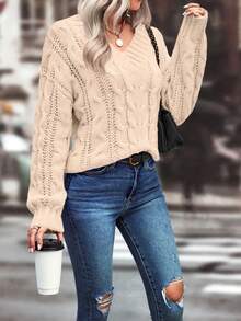 SHEIN LUNE Jersey informal grueso y cálido de mujer con cuello en V y retorcido, de calidad premium mejorada, color albaricoque - Albaricoque - Ver 3