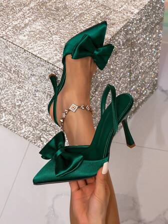 Höst/Vinter 2025 Dammode Gröna Spetsiga Tå Slingback Stilettklackade Pumps Med Rosett, Perfekt För Fester Och Utflykter, Elegant, Festkläder