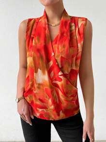 EMERY ROSE Blusa sin mangas con escote cruzado teñida anudada para uso diario, blusas sin mangas - Naranja - Ver 3