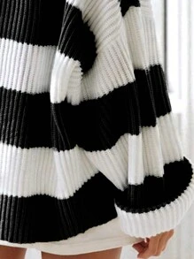 Flirla Plus Size Loose Fit Round Neck Striped Simple Style Casual Fashion Pullover Sweater, For Winter - Black - View 4