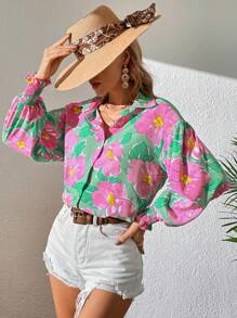 SHEIN VCAY 印花燈籠袖襯衫 - 彩色 - 查看 5