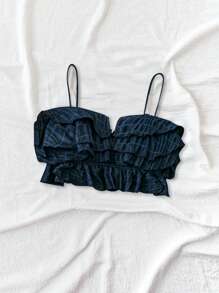 SHEIN VCAY Summer Solid Ruffle Hem Cami Corset White Top - Navy Blue - View 5