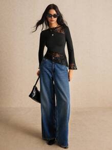 Poéselle Women Clothes, Women's Black Shirts, Women's Fall Clothes Summer Slim Fit Asymmetric Lace Long Sleeve T-Shirt With Hem Splicing And Flutter Design, Halloween Costume Top, All Season Essential, Comfy High Strech Fabric FW24 BOHO