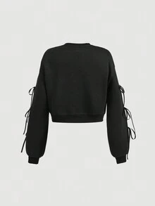 SHEIN MOD 黑色蕾丝蝴蝶结缎带领带复古可爱女士秋冬运动衫返校服装秋季服装 - 黑色 - 查看 2