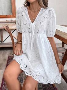 SHEIN Frenchy Eyelet Embroidery Knot Front Puff Sleeve Dress For Summer Vacation Women's Date Night Dress Earthy Clothes Old Money Summer Plain Bow Tie Texture Peter Pan Collar Dress Knotted Casual Short Sleeve Dress Tie Dress Puff Sleeves Babydoll Casual Dress Cute Summer Dress Back To School Clothes Fall Women Clothes 4th Of July Clothes White