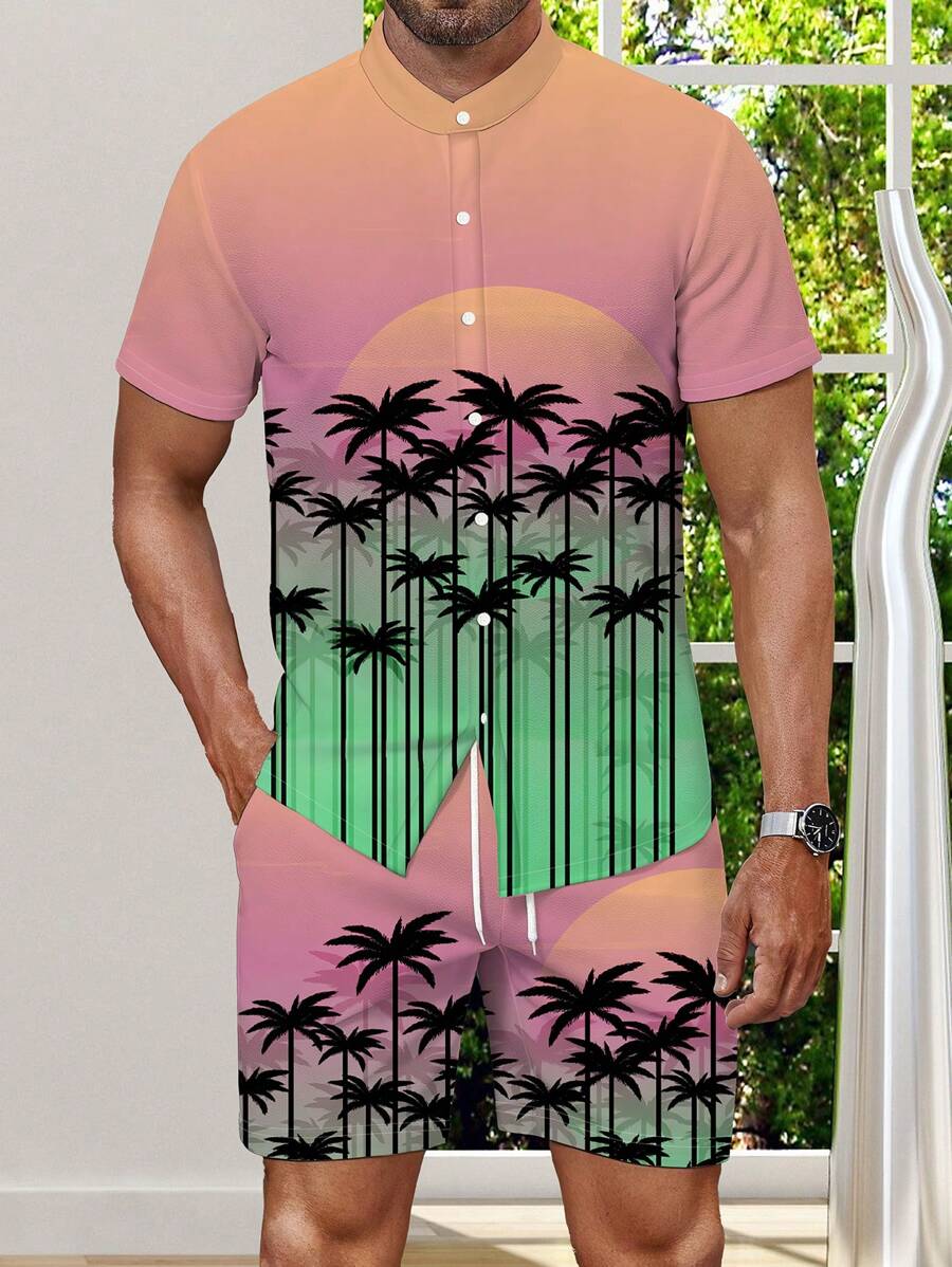 Men's Casual Comfortable 3D Digital Printed Shirt Set - Multicolor - View 1