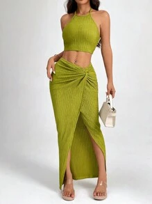 SHEIN PETITE Solid Crop Halter Top & Twist Front Split Thigh Skirt Two Pieces - Green - View 7