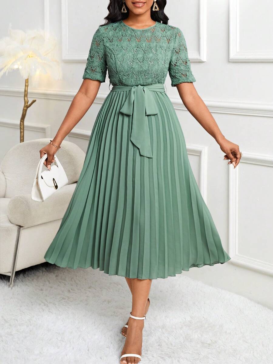 SHEIN Lady Wedding Guest Dress Water-Soluble Lace Pleated Waist Belted Women's Dress