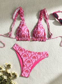Conjunto de bikini rosa de dos piezas con estampado floral para la playa veraniega con patrón de estampado aleatorio. - Multicolor - Ver 1