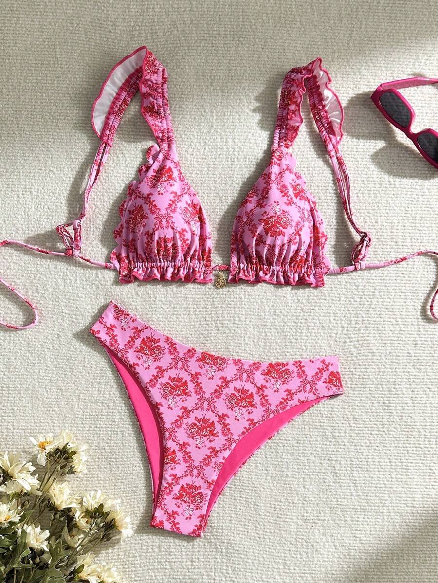 Conjunto de bikini rosa de dos piezas con estampado floral para la playa veraniega con patrón de estampado aleatorio. - Multicolor - Ver 1