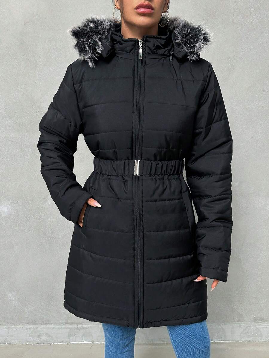 SHEIN Tall معطف شتوي بجيوب مائلة بحجم طويل، قلنسوة بطبقة الفرو، حزام مرن مع إبزيم معدني - الأسود - مشاهدة 1