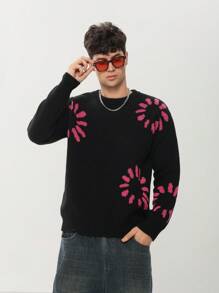 Pulover casual pentru bărbați, cu gât rotund, cu imprimeu floral, cu mânecă lungă