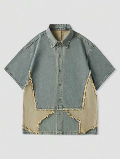 Street Life Men Colorblock Raw Trim Star Denim Shirt For Summer, School