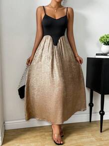 Chiquease Summer Fashion Color Block Metal Material Backless Cami Dress - Black and Gold - View 6