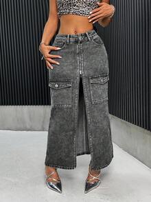 SHEIN ICON Women's Denim A-Line Skirt, Street Style Sexy Workwear Combination, Dark Grey - Dark Grey - View 7