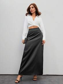 SHEIN Tall Women's Satin Long Skirt, Tall Women - Black - View 4