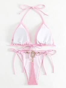SHEIN Swim Summer Beach Halter Triangle Tie Side Bikini Set - Pink - View 1