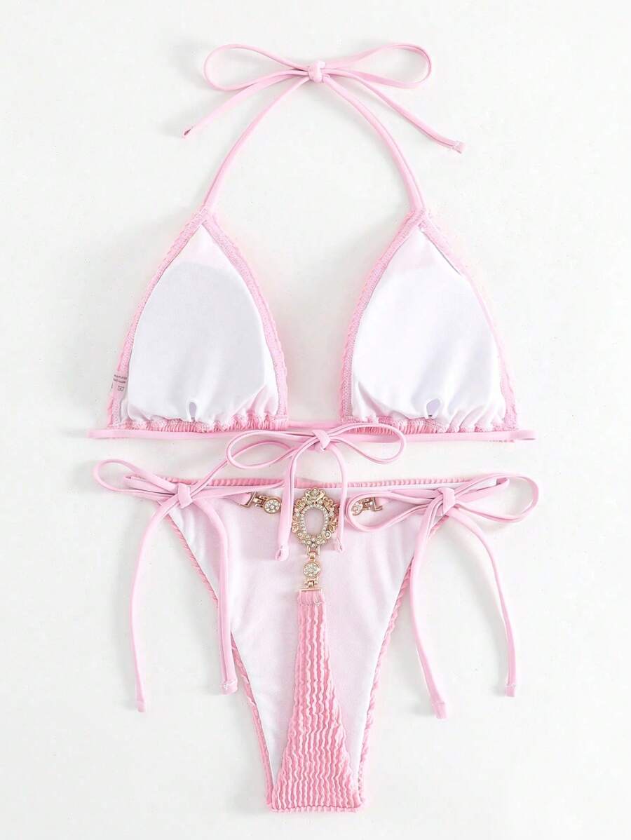 SHEIN Swim Summer Beach Halter Triangle Tie Side Bikini Set - Pink - View 1
