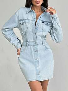 EURMUSE MINI SKIRT LONG SLEEVE DENIM DRESS - Light Wash - View 7