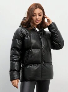 SHEIN Tall Tall Women's Drop Shoulder Zip Up Hooded PU Puffer Coat