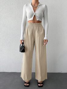 EURMUSE Elastic Waist Wide Leg Jeans - Beige - View 3