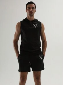Coreblaze Boyfriend Style Men's Printed Minimalist Daily Sportswear Set Back To School Gym Set Workout Set - Black - View 4