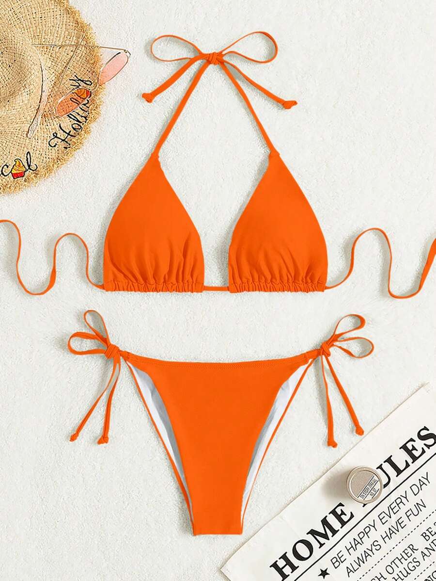 SHEIN Swim Conjunto de bikini naranja unicolor con cuello de halter y lazo, sexy para verano y playa, traje de baño - Naranja - Ver 1