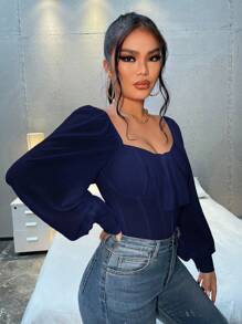 SHEIN SXY Spring And Summer Sweetheart Neckline Knot-Front Long-Sleeved Chiffon Shirt,Long Sleeve Tops - Navy Blue - View 4