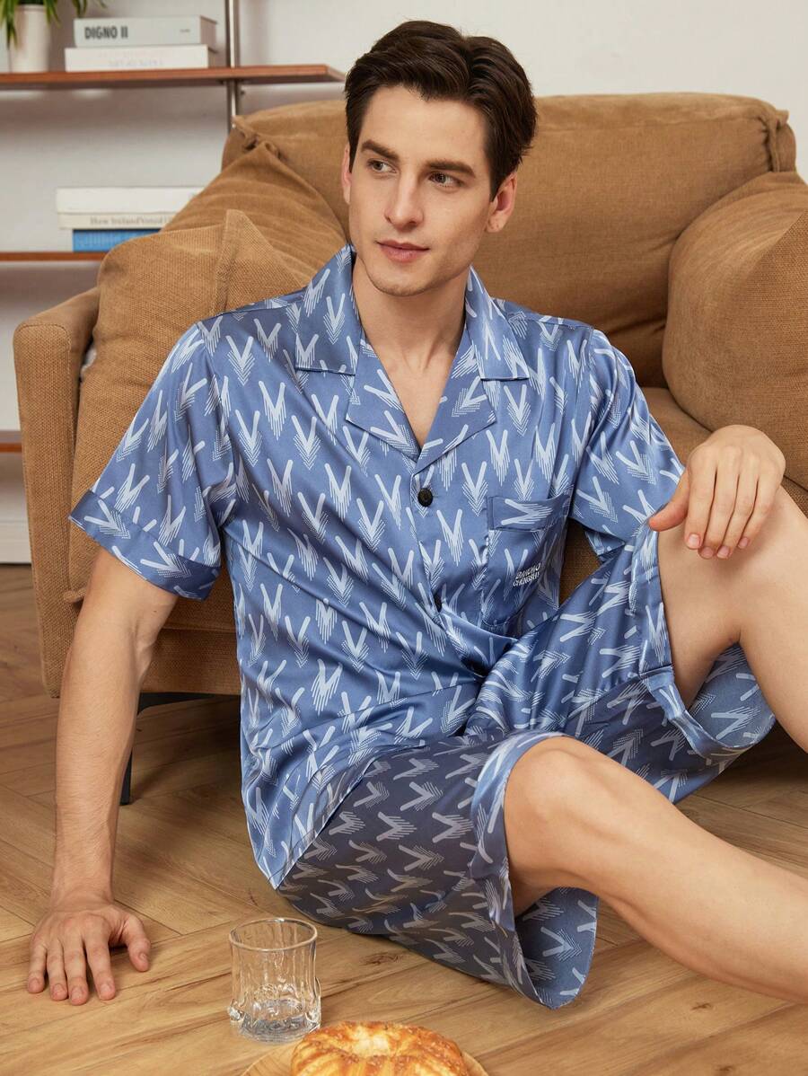 Men Allover Print Short Sleeve Top & Shorts Loungewear Sets