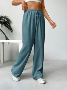 Muchica Women's Casual Solid Color Drawstring Waist Wide-Leg Pants In Linen
