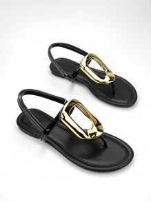 Women's Classic Elegant Style Gold Metal Buckle Decorated Black Mirror Fabric Comfortable Hook-And-Loop Sandals With Back Strap And Flat Heel - Black - View 4