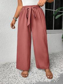 SHEIN Frenchy 大尺寸紋理直筒系帶褲 - 藕粉色 - 查看 3