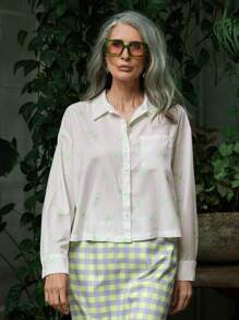 SHEIN LUNE Women's Summer Casual Green French Paris Postmark Print Satin Short Sleeve Shirt - Multicolor - View 6