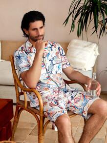 Manfinity ChillVibe Men Tropical Print Contrast Piping Top & Shorts PJ Set / Pajama Set - Multicolor - View 8