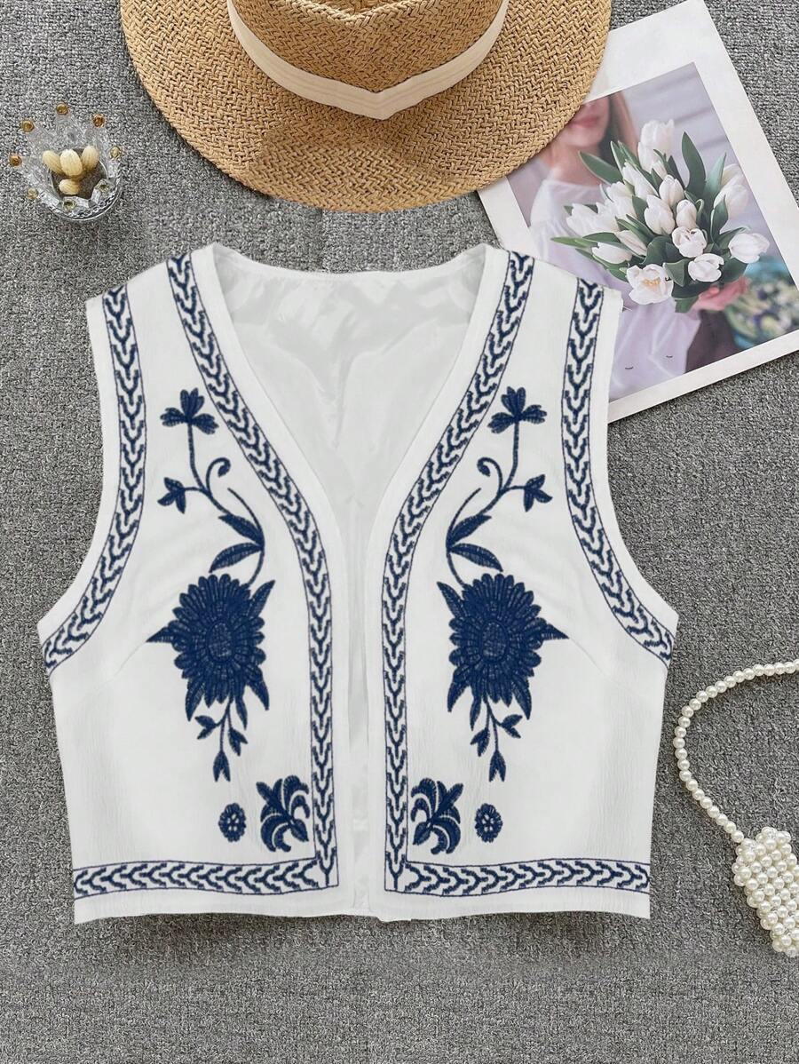 Breezaya 女款花卉刺繡背心外套，適用於假日和休閒時尚 - 白色 - 查看 1