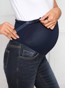 SHEIN Adjustable Waist Slim Fit Casual Maternity Jeans, Versatile Denim Pants - Dark Wash - View 7