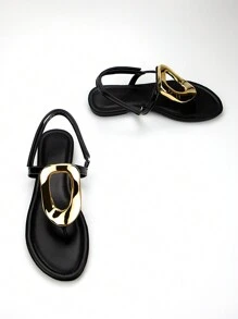 Women's Classic Elegant Style Gold Metal Buckle Decorated Black Mirror Fabric Comfortable Hook-And-Loop Sandals With Back Strap And Flat Heel - Black - View 5