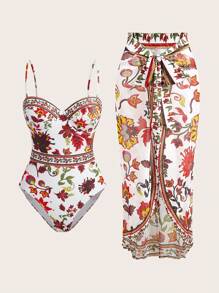 Swim Oasis Traje de baño informal de una pieza y falda de cubrimiento con estampado aleatorio para uso diario para mujer - Rojo - Ver 1