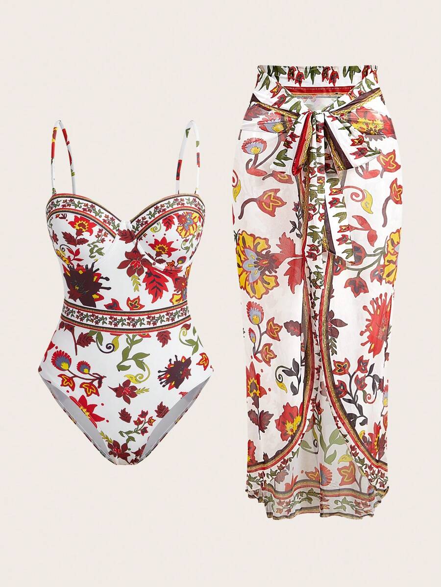 Swim Oasis Traje de baño informal de una pieza y falda de cubrimiento con estampado aleatorio para uso diario para mujer - Rojo - Ver 1