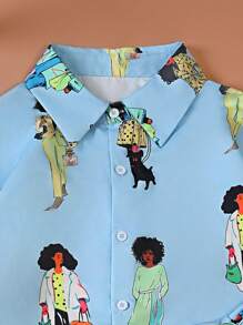 Teen Girls' Vacation Portrait Printed Shirt And Shorts Set - Blue - View 4
