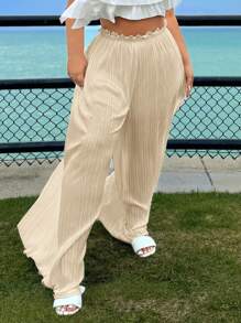 SHEIN SXY Plus Size Pleated Wide Leg Pants For Summer Vacation - Beige - View 5