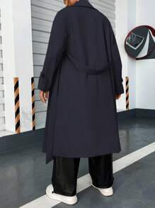 Flirla Plus Size Casual American Retro Dwurzędowy Płaszcz Trenczowy Z Kołnierzem Garniturowym, Klapami I Bocznymi Kieszeniami