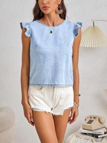 SHEIN LUNE Blusa de mezclilla simple de uso diario para mujer en unicolor con dobladillo de volantes - Lavado ligero - Ver 1