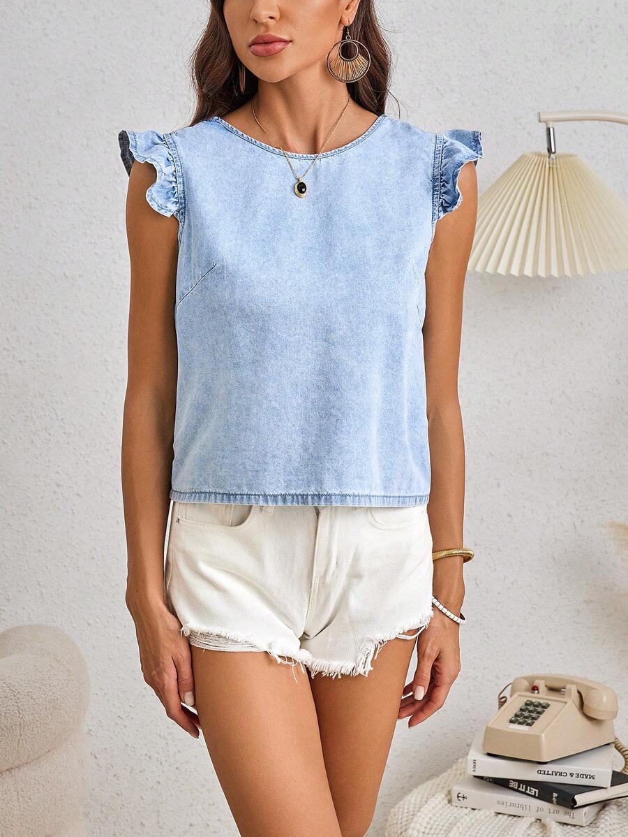 SHEIN LUNE Blusa de mezclilla simple de uso diario para mujer en unicolor con dobladillo de volantes - Lavado ligero - Ver 1
